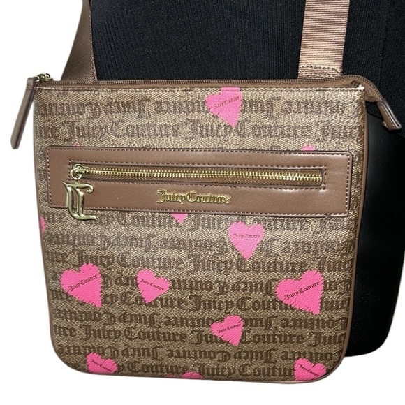 Juicy Couture Basic Love Crossbody  Chestnut Brown With Pink Hearts Purse - Picture 2 of 10